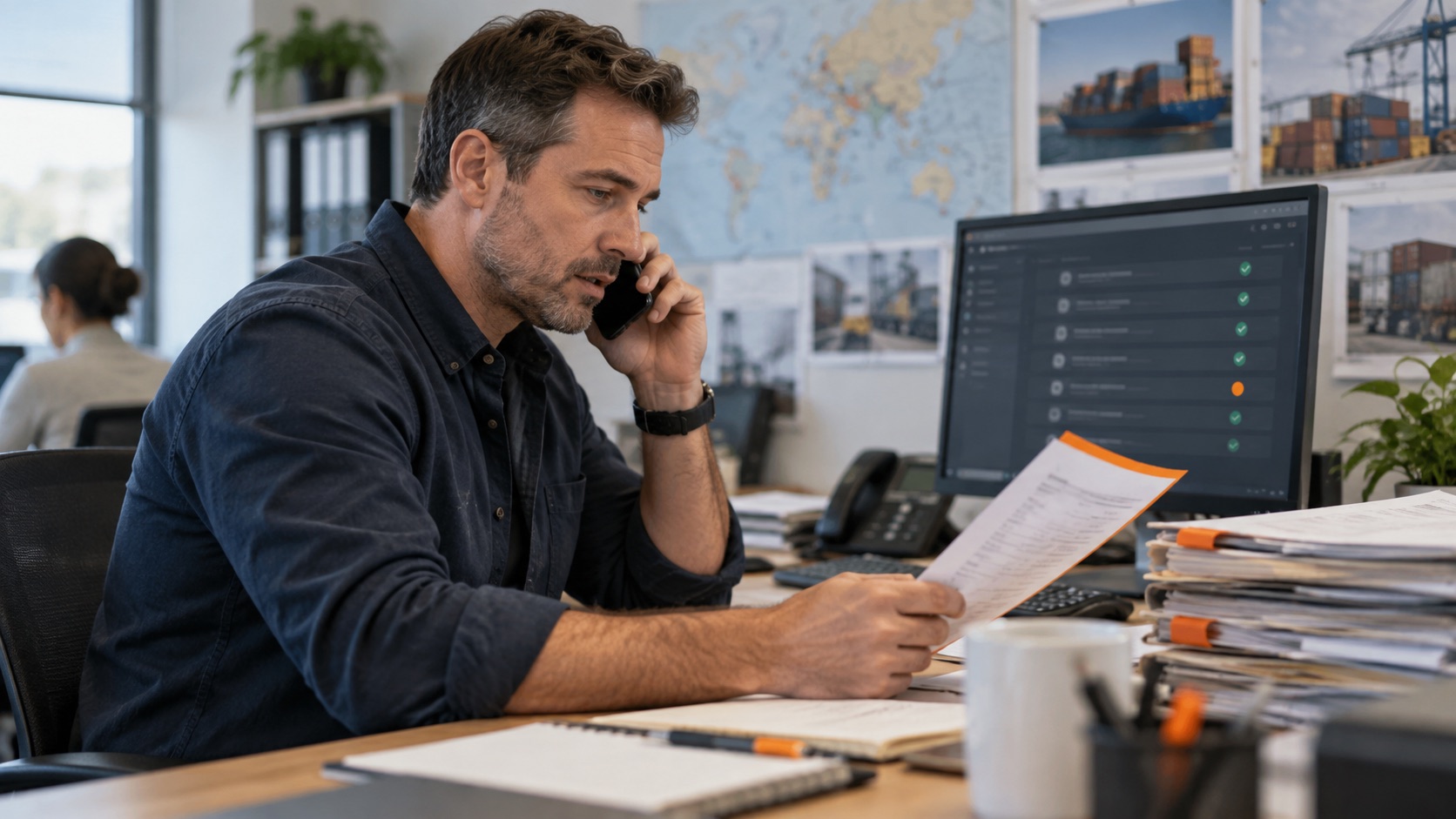 Freight forwarding operations manager on a phone call reviewing a shipment document at his desk, with a shipment checklist on the monitor behind him