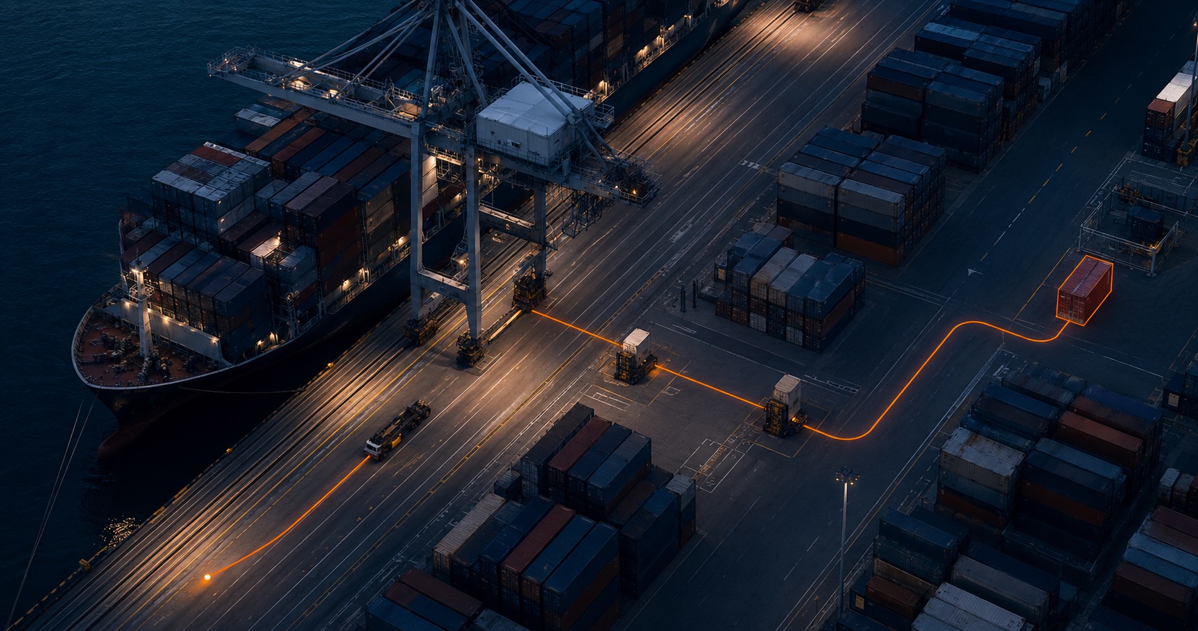 Aerial view of a modern container terminal with one orange operational path connecting a ship, cargo handling, and a selected container