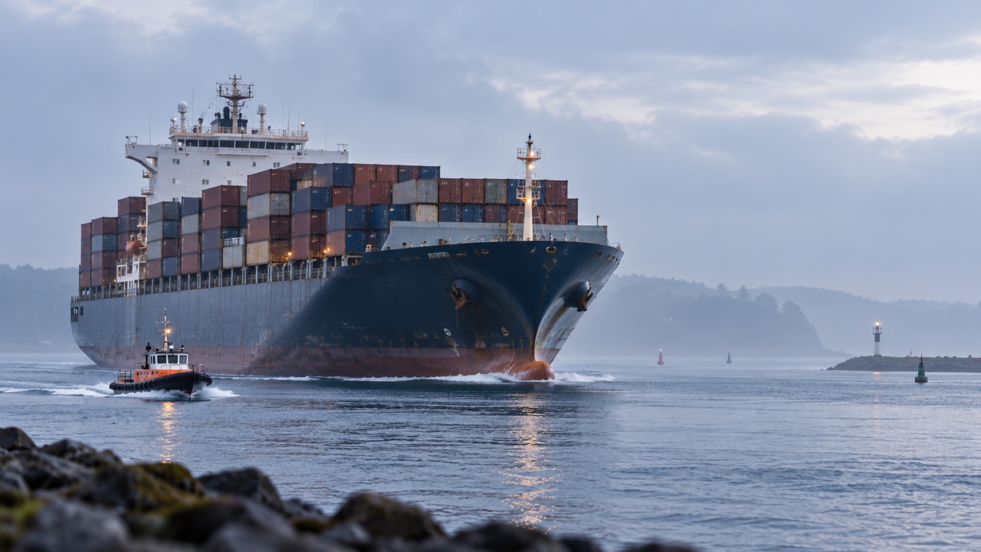 Container ship arriving at the harbor entrance on an overcast morning, escorted by a pilot boat past a lighthouse and channel markers