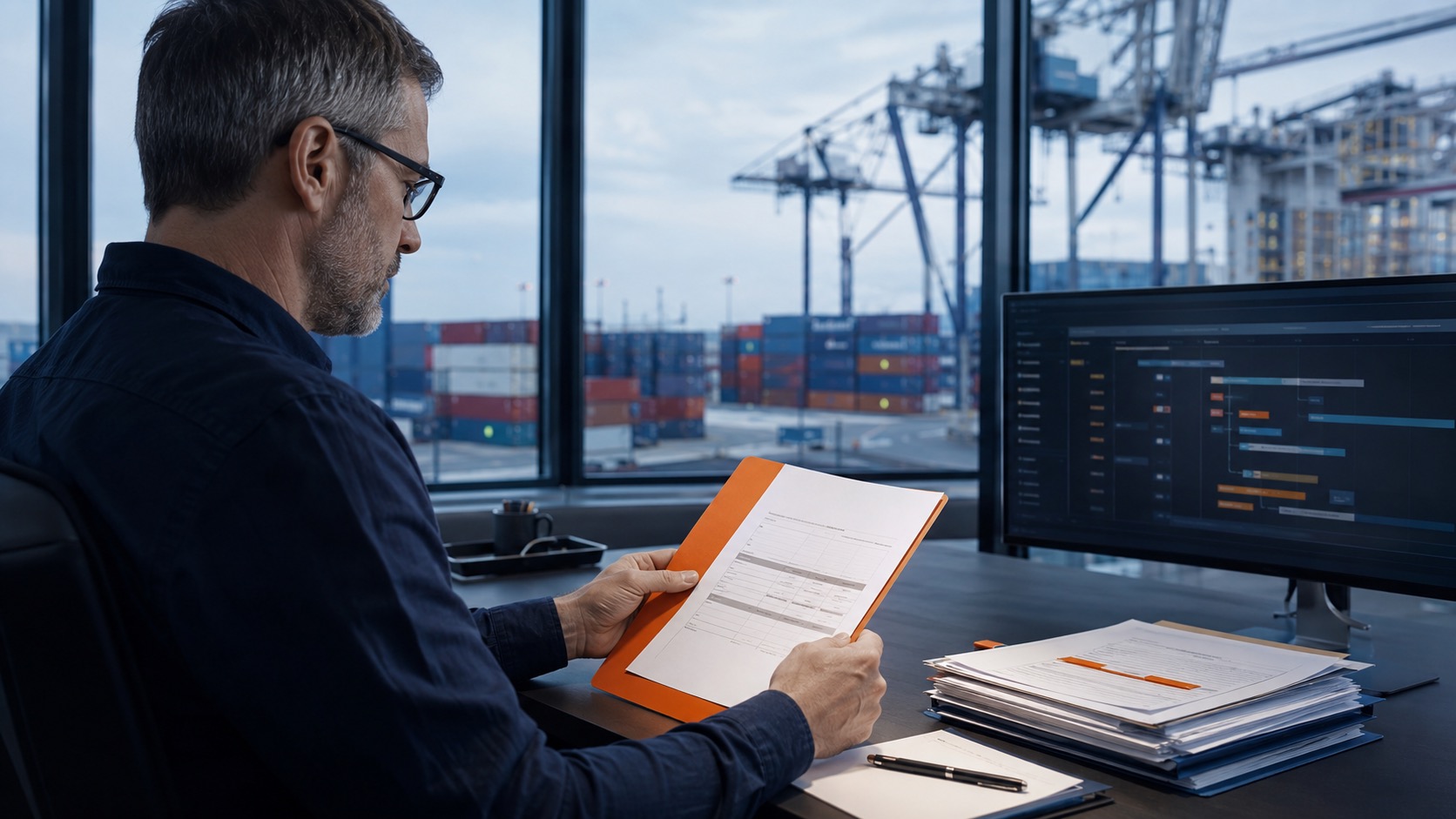 Freight operator reviewing an AI-prepared arrival notice against shipment and container tracking data