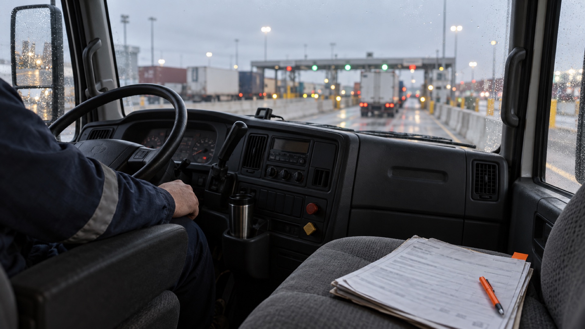View from inside a drayage truck cab waiting at a container terminal gate on a rainy morning, with a pickup packet and orange pen on the passenger seat