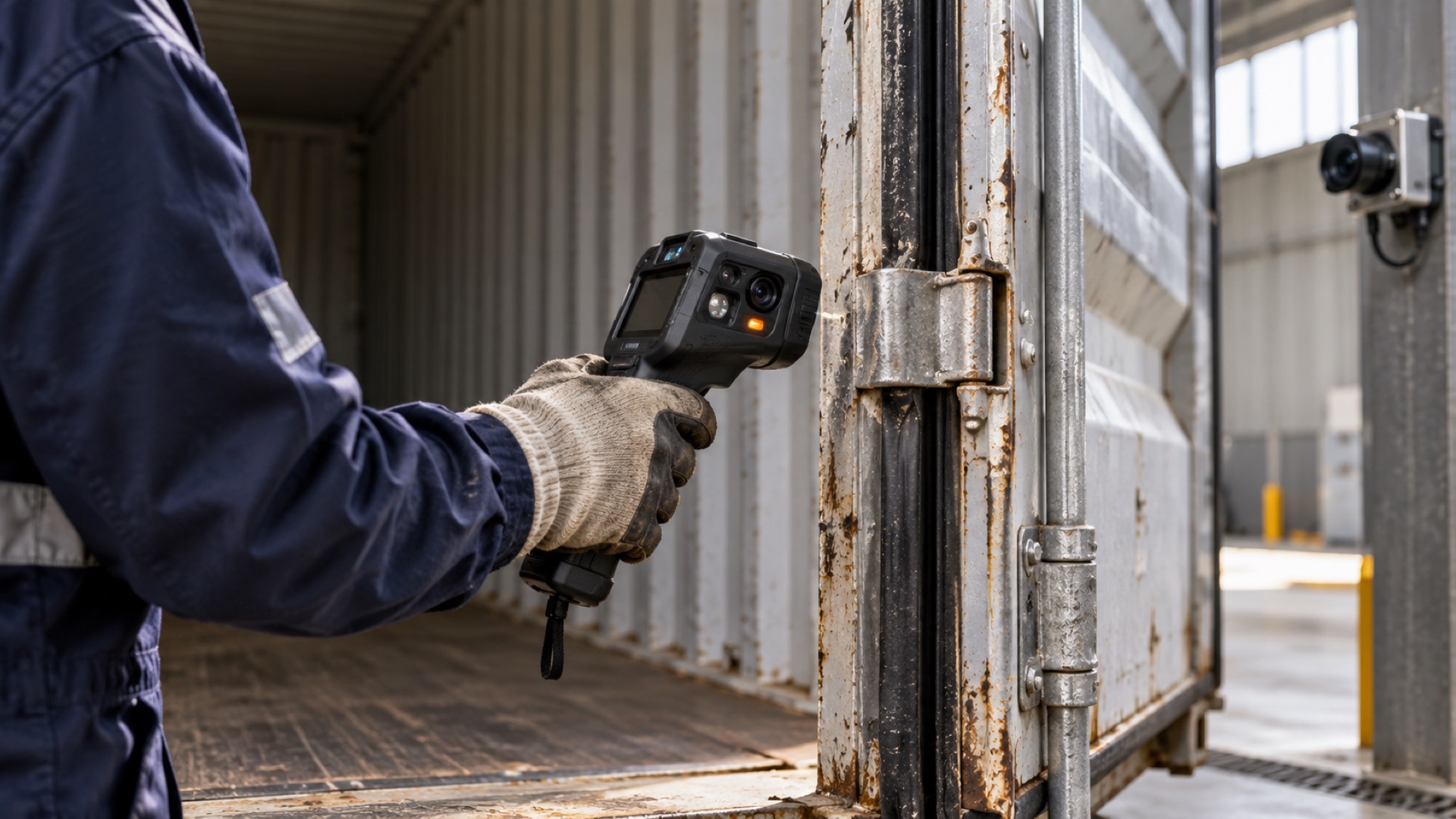Worker in a navy uniform and work gloves scanning the door of an empty shipping container at a return depot, with a gate camera and an orange bollard behind