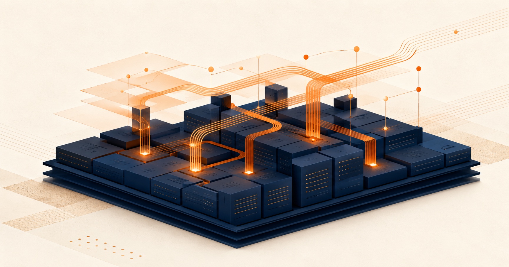 A structured navy record layer connected by orange operational pathways, representing an FMS and AI operations software working together