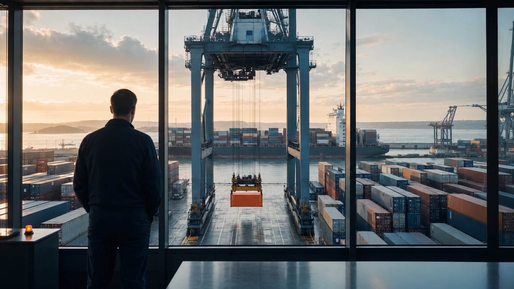 Freight operations specialist overlooking a container terminal, with one orange container marking where human review guides automated work