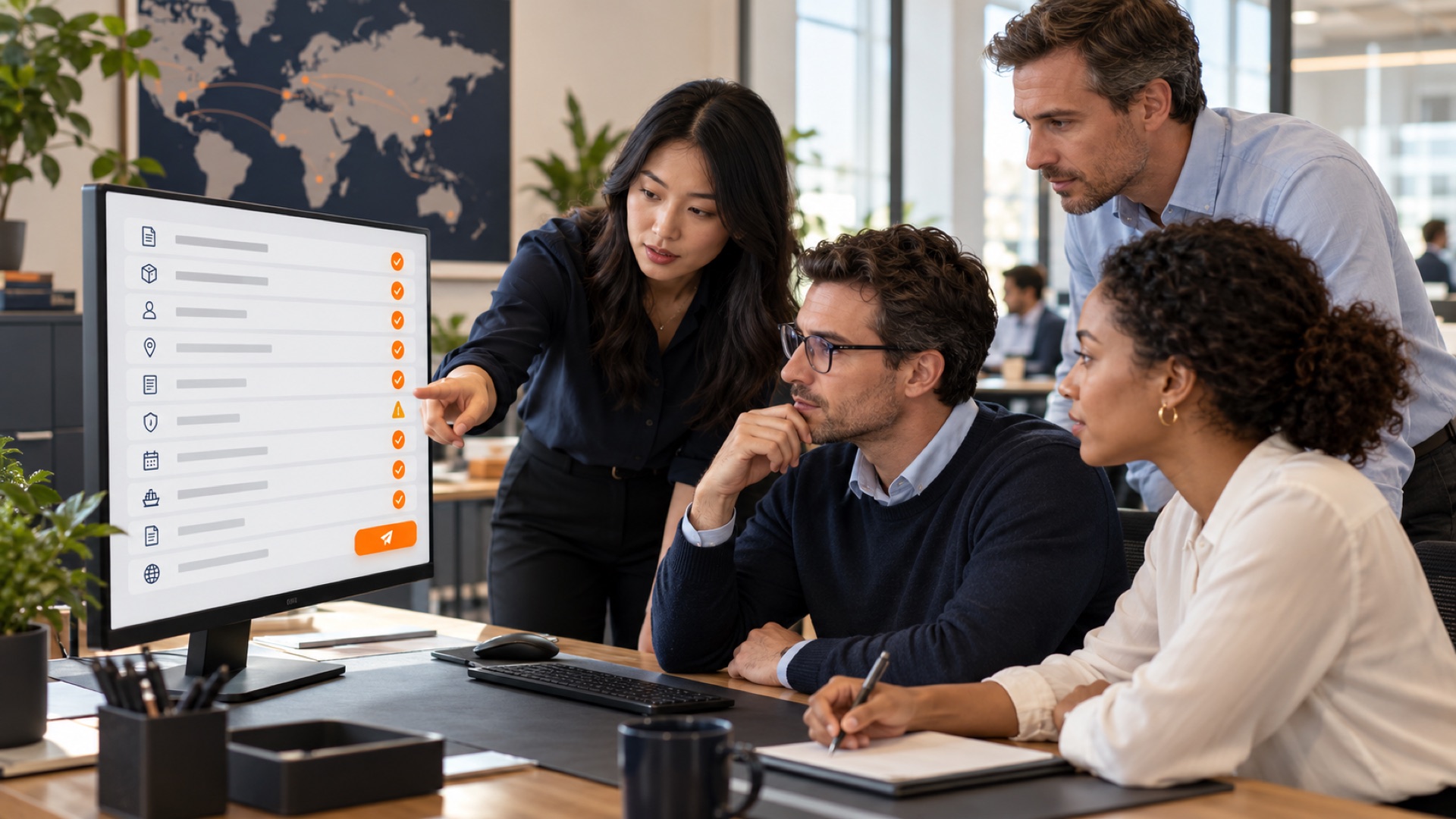 Four-person freight operations team gathered at a monitor showing a ten-row filing checklist with orange completion ticks and one amber warning, in a bright forwarding office