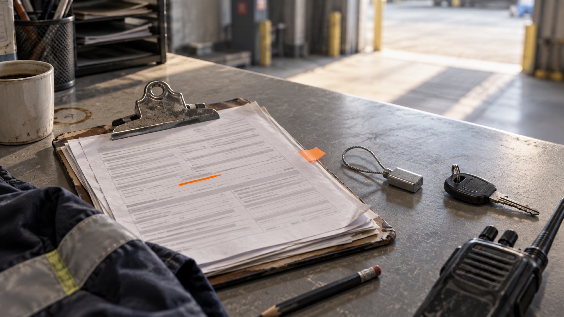 Clipboard of container pickup paperwork with an orange tab and a highlighted line on a terminal dispatch counter, beside a seal, a truck key and a radio