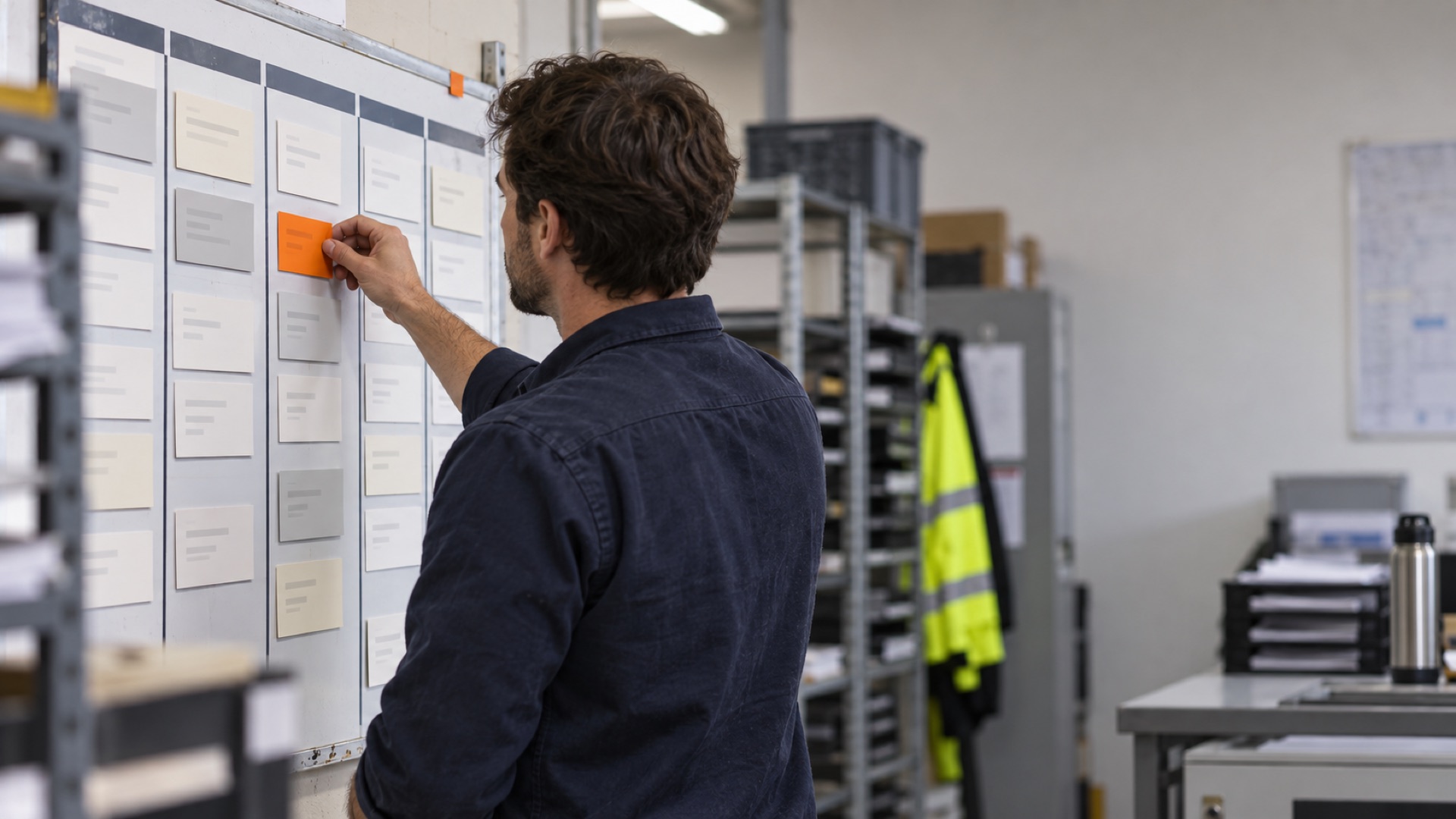 Freight operations team member placing an orange card on a shipment workflow board in a logistics office