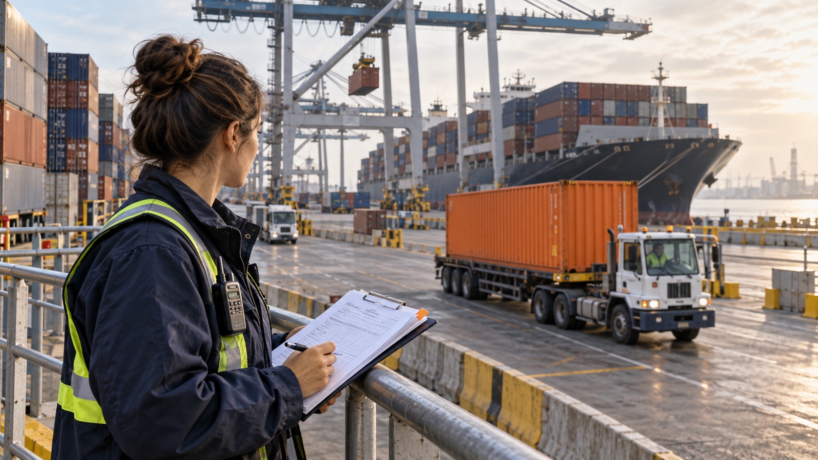 Freight operations coordinator in a high-visibility jacket checking shipping documents at a container terminal as a truck hauls an orange container past a docked vessel