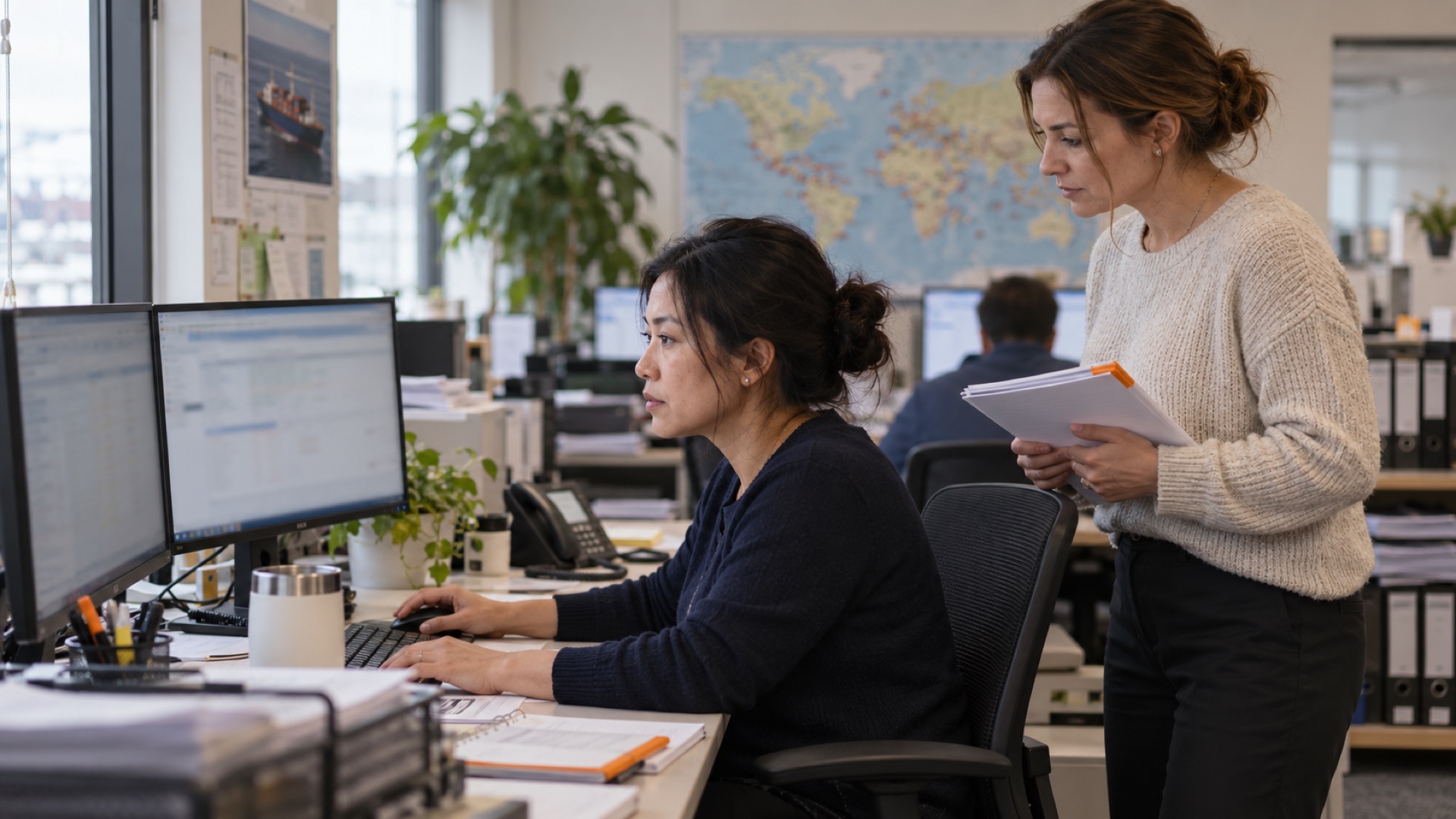 Ocean import operator working at a dual-monitor desk while a pilot owner with a checklist and an orange notebook tab looks on, in a freight forwarding office with a world map on the wall