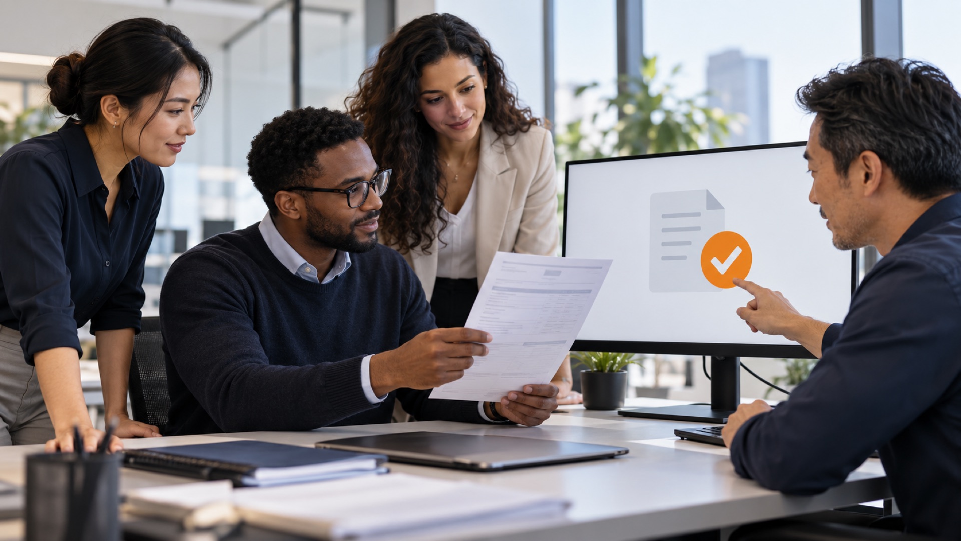 Freight operations team reviewing a printed bill of lading together while a colleague points to a large orange checkmark on a document-release screen