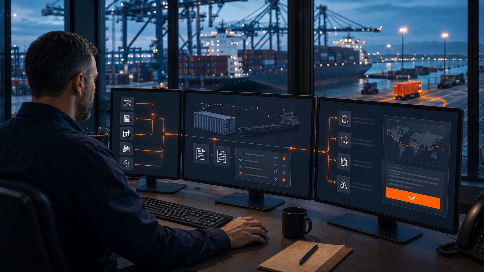 Freight operator at a port-side workstation watching emails, documents, and carrier updates flow into connected shipment tracking, alerts, and exceptions