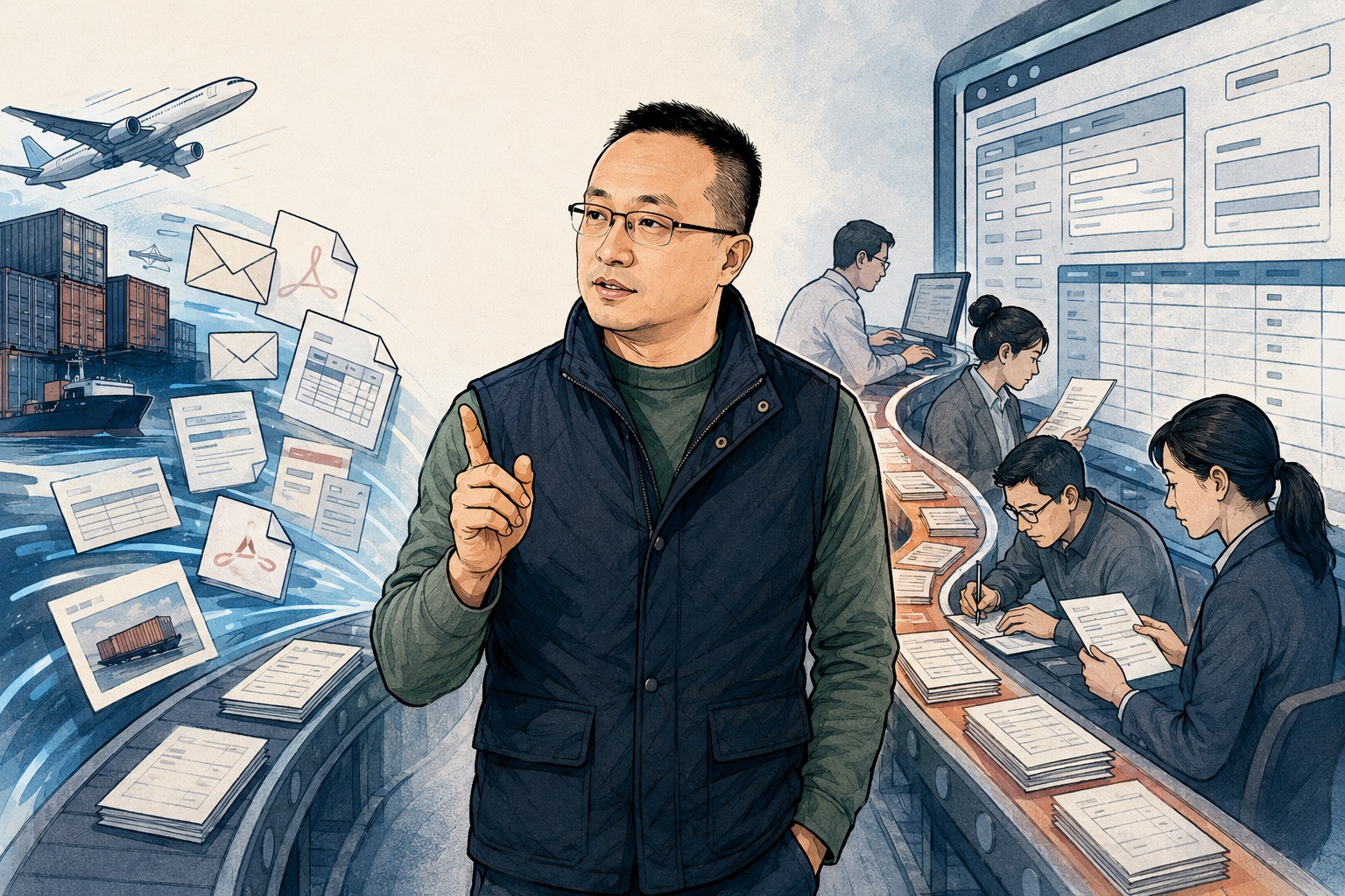 Editorial illustration of Grandy Li, founder of NavLogic, explaining the manual gap between freight emails and traditional freight management systems