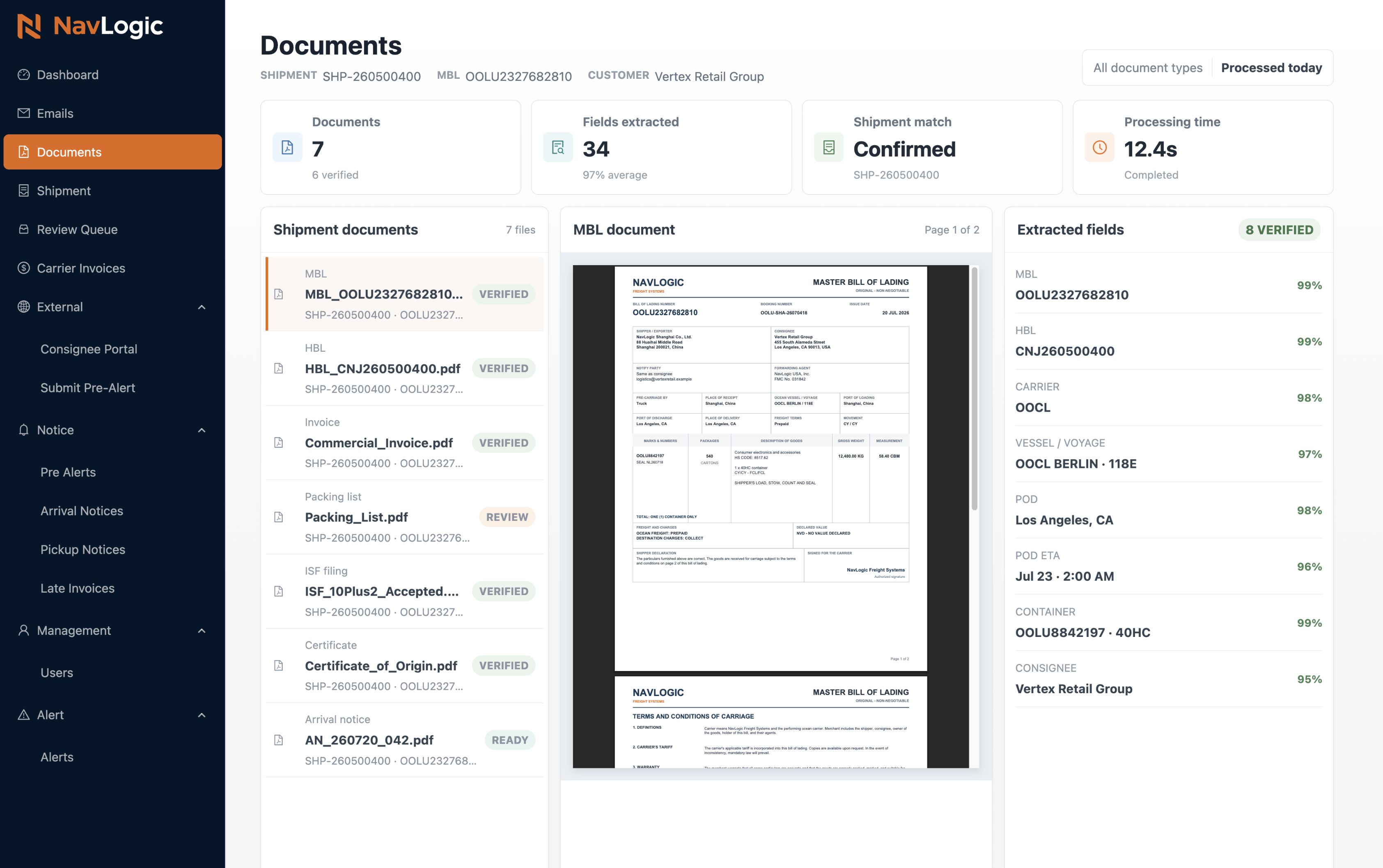 NavLogic document processing view with extracted and verified shipment fields