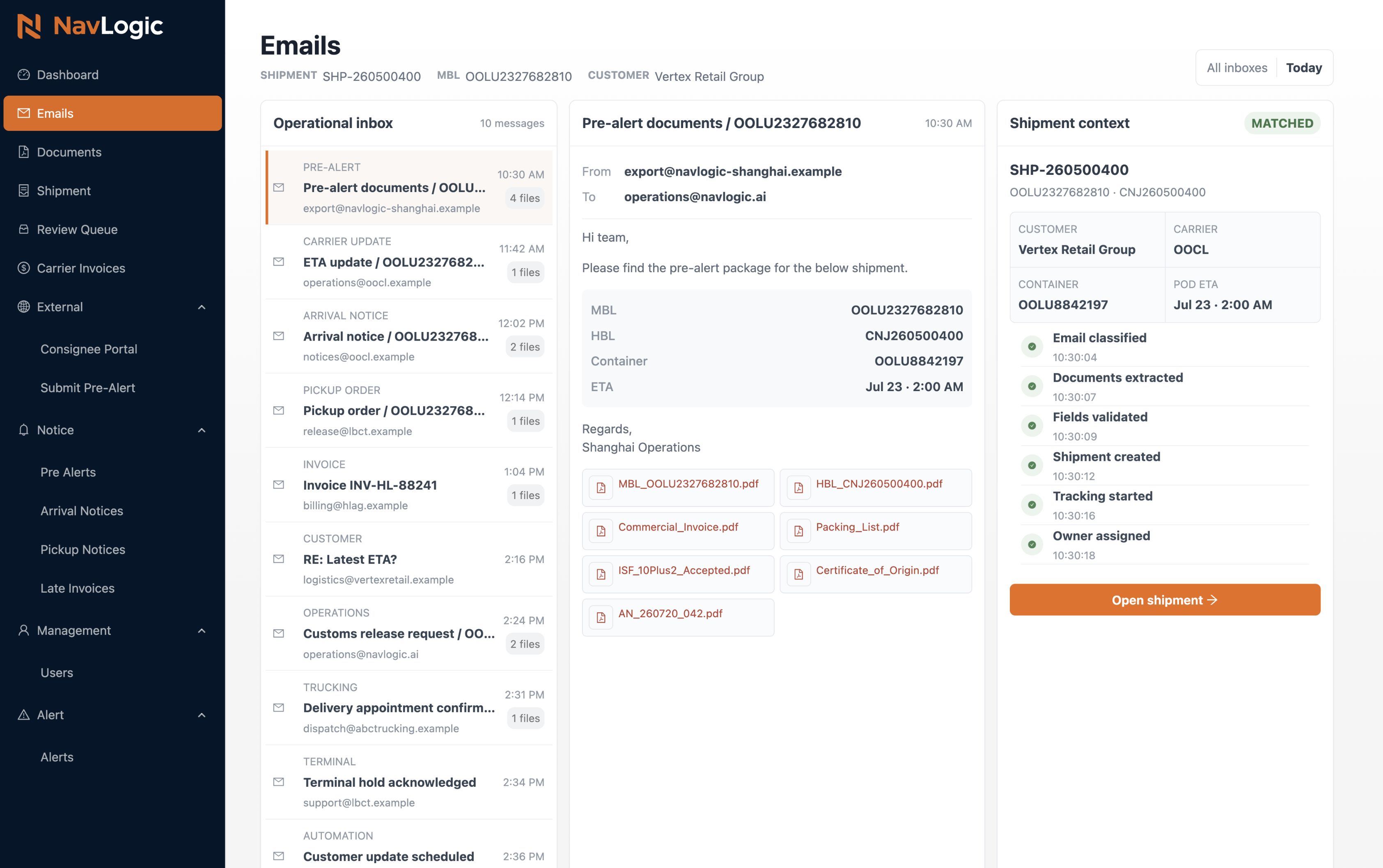 NavLogic operational inbox turning a pre-alert email into structured shipment context