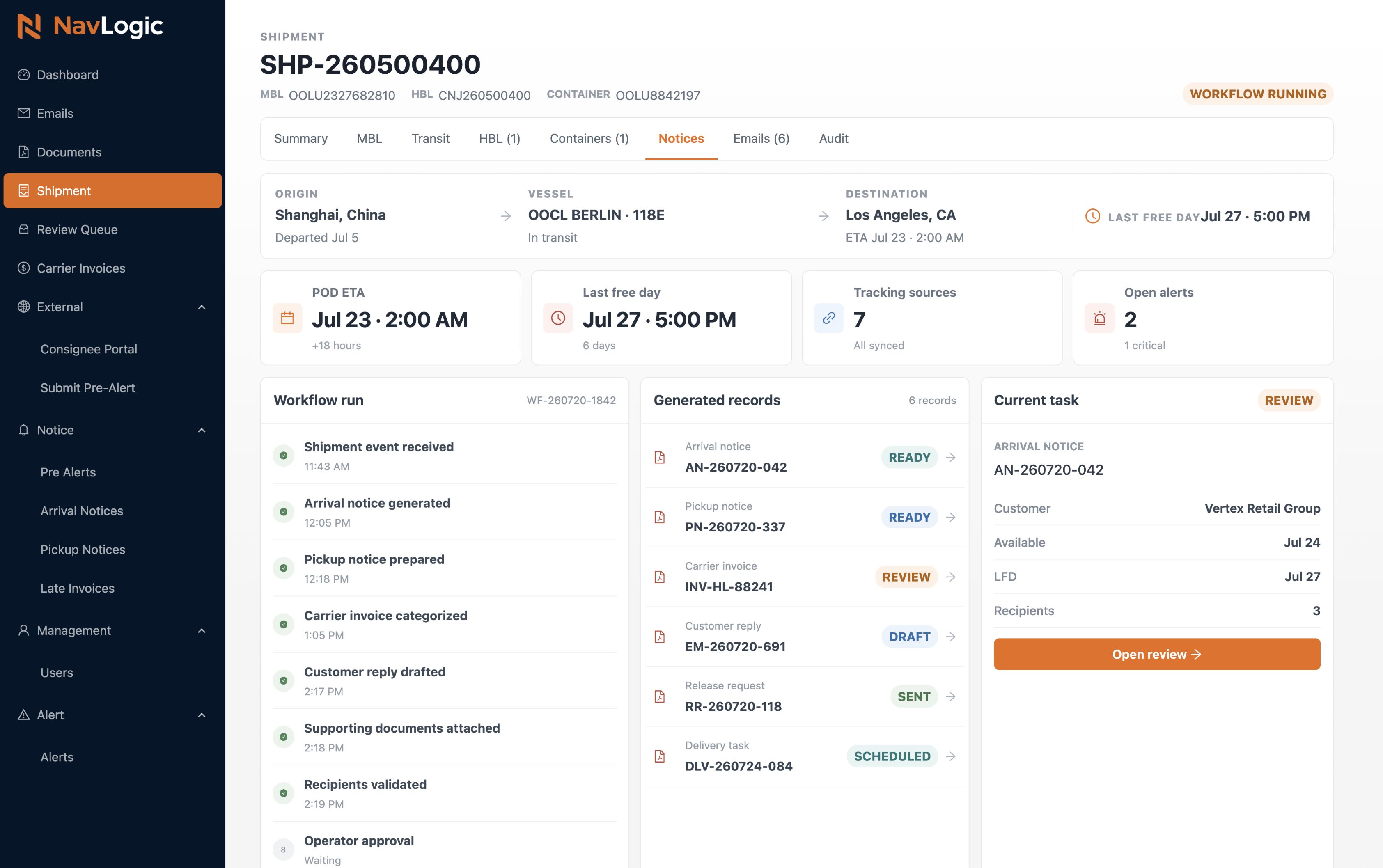 NavLogic workflow preparing notices, records, and the next operator task