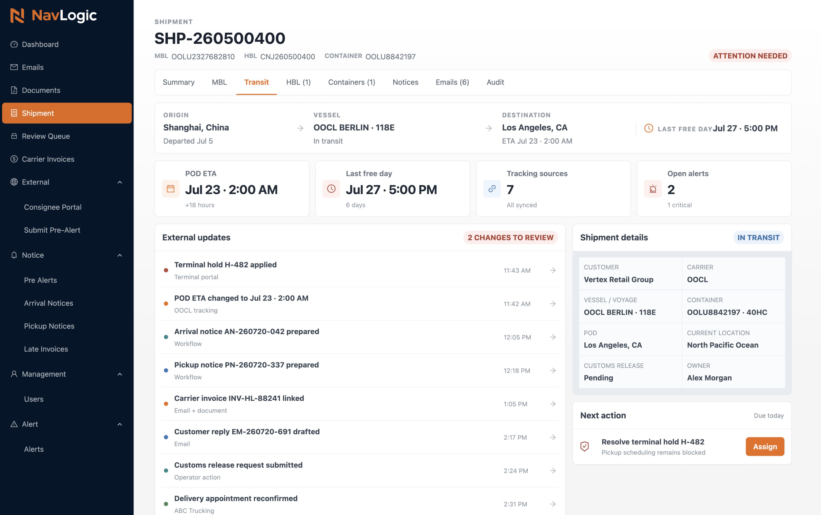 NavLogic shipment transit view with external updates and shipment details